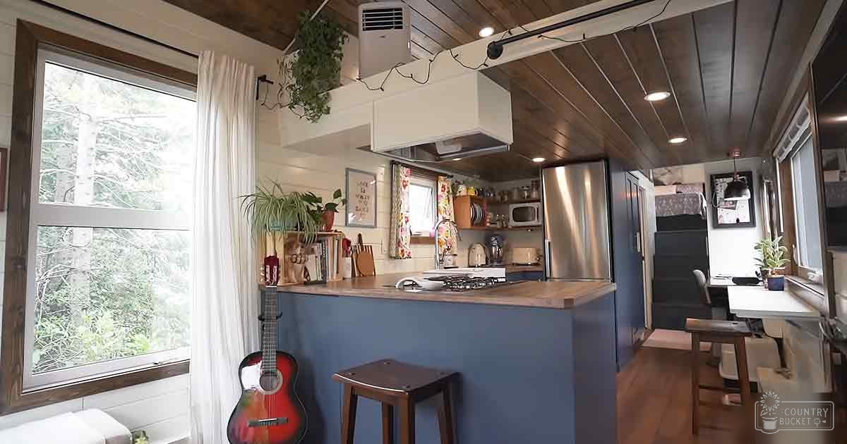 Cozy kitchen with guitar, stool, cabinets, microwave, dining area, and plants lit by natural light.
