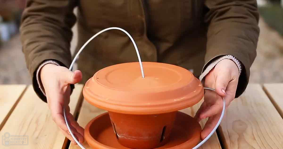A terracotta pot with a metal handle held by an adult female in an outdoor setting, surrounded by natural light and spring or summer ambiance.