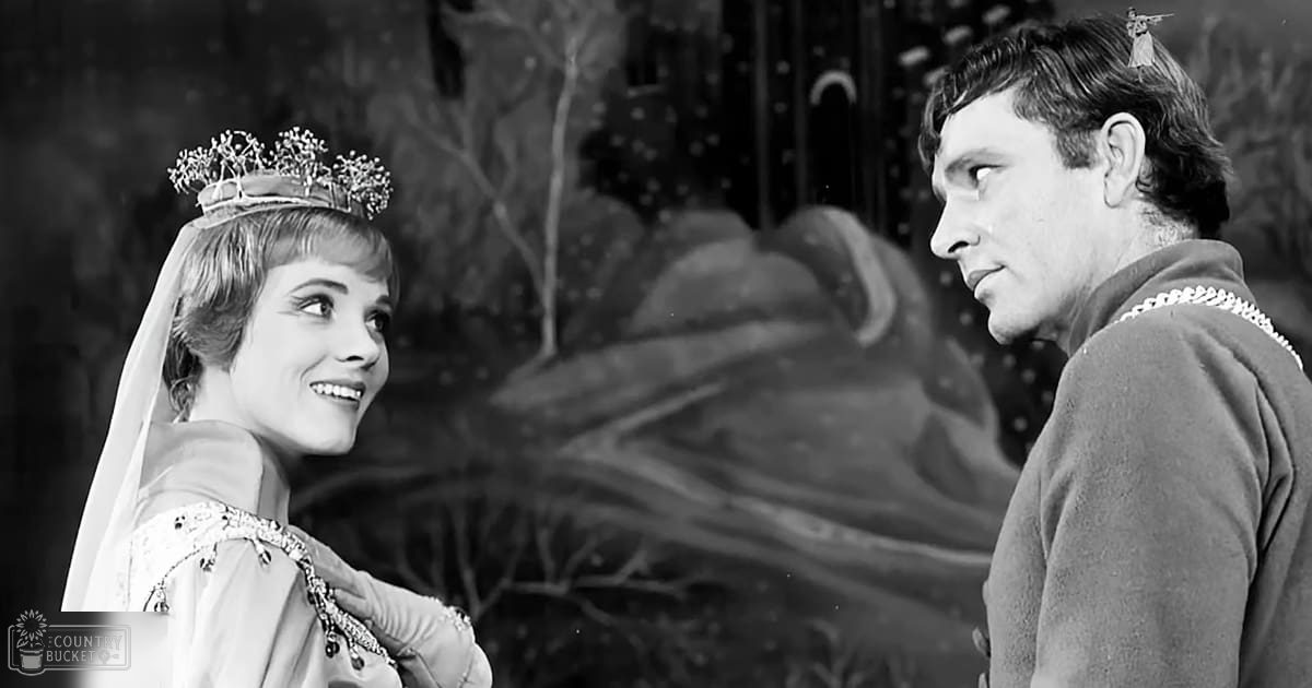 A theatrical production or film set in a medieval or fantasy setting with an elaborate gown adorned with intricate beadwork and embroidery worn by a young adult female, and a simple tunic worn by an adult male against a winter-themed backdrop.