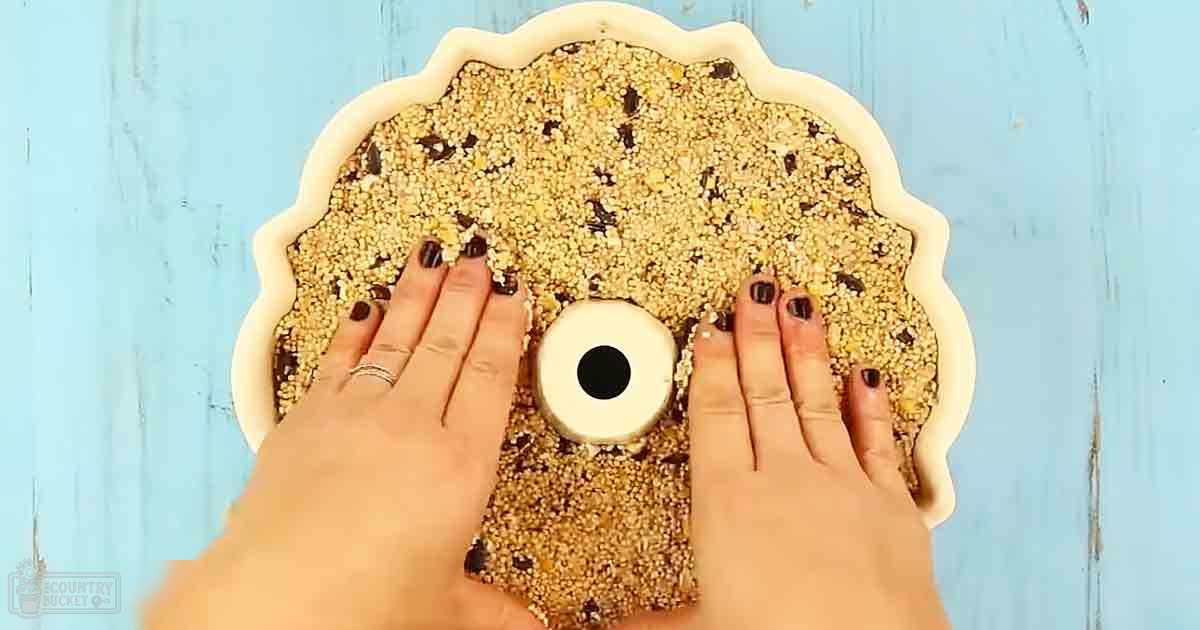 An adult female prepares birdseed in a decorative dish, set against a light blue wooden backdrop under natural daylight.