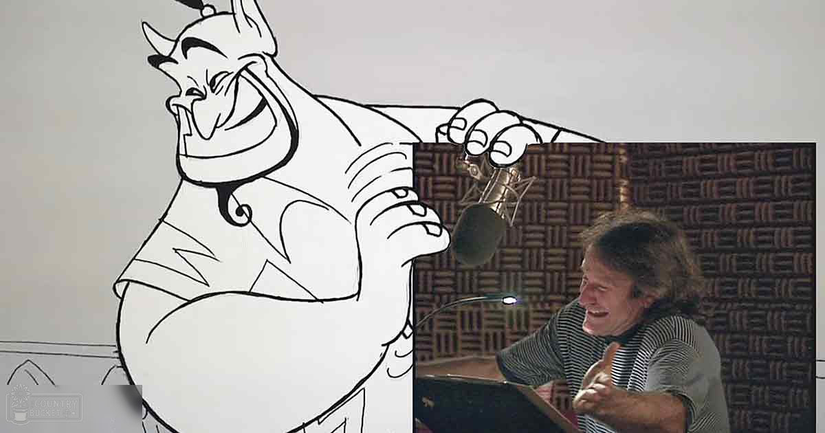 A cartoon character from 'The Hunchback of Notre Dame' alongside an adult male singer in a recording studio with soundproofing panels, bright even lighting, and a microphone.