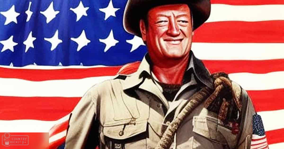 A middle-aged to older adult male stands in front of an American flag, wearing a beige collared shirt with pockets and buttons from the mid-20th century. The setting suggests a patriotic theme with bright daytime lighting.