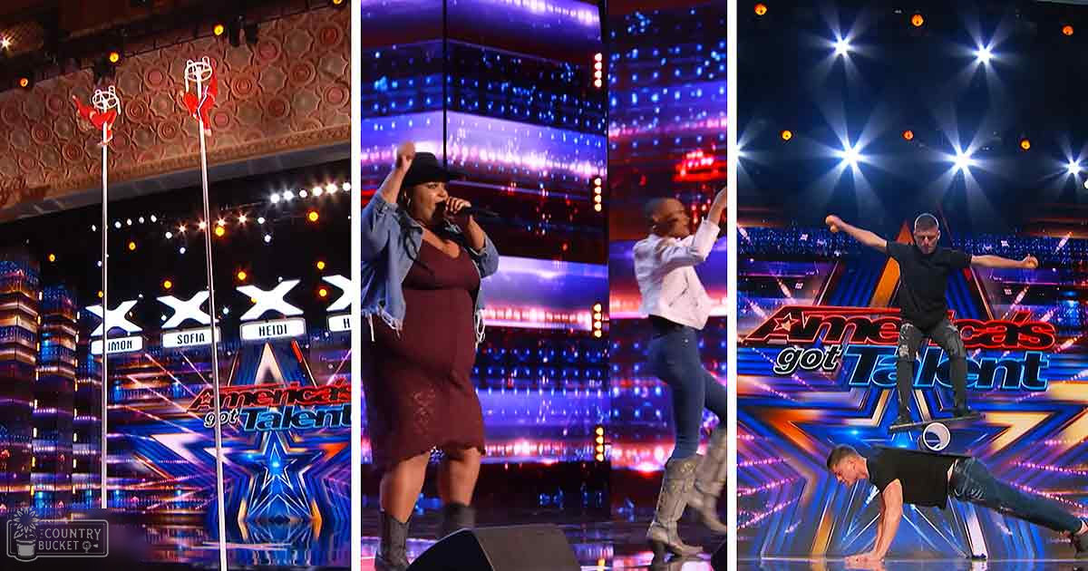 A talent show performance at 'America's Got Talent' with acrobatics, dance moves, and a vibrant stage set against professional lighting and large screens.