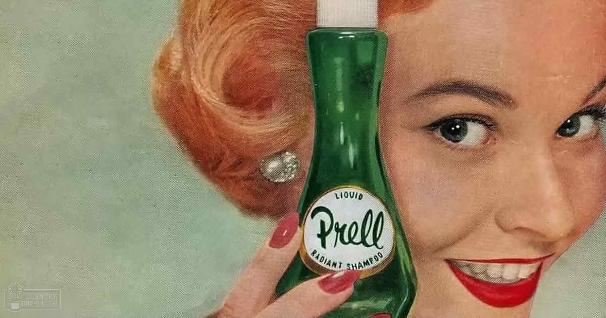 A woman in an advertisement setting, wearing green Prell Liquid Radiant Shampoo with white label and red nail polish.