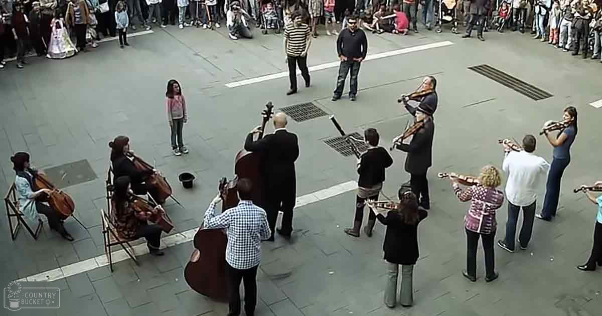 Street musicians perform with violins and cellos in an urban setting during a spring or summer festival.