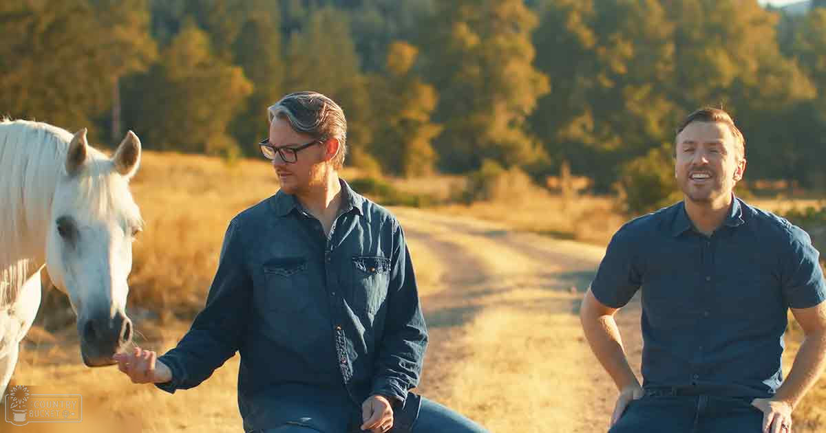 Two adult males with horses in a rural setting; one wearing glasses and a denim shirt, the other in a polo shirt holding reins of a white Thoroughbred horse under warm golden sunlight.