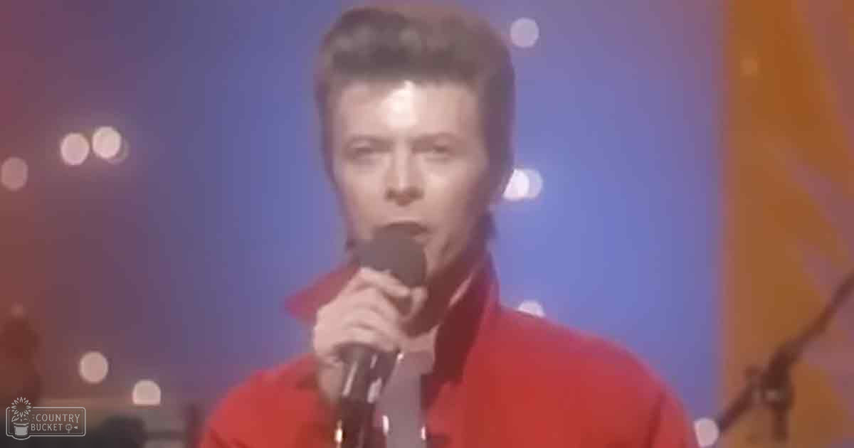 An adult male performer wearing a red 1970s-style jacket on stage with blurred lighting effects suggesting performance or concert setting.