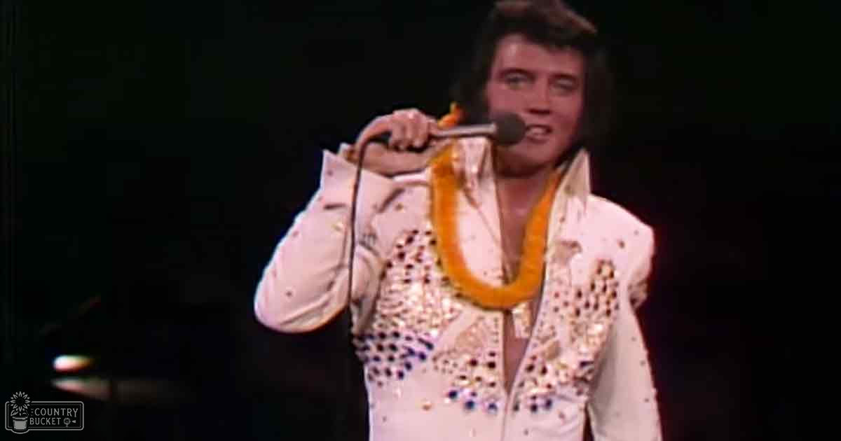 Adult male singer in a 1970s-80s rock style white sequined jacket with high collar, long sleeves, and yellow lei around neck, holding microphone on stage at night.