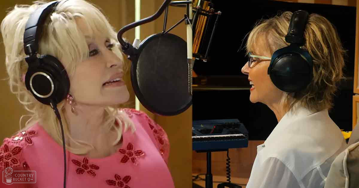 Two middle-aged women wearing headphones and floral tops interact within an indoor recording studio with wooden paneling, suggesting a daytime setting.