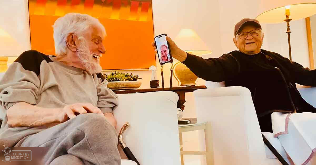 Two older adults in a living room with white armchairs, an orange painting, and natural daylight.