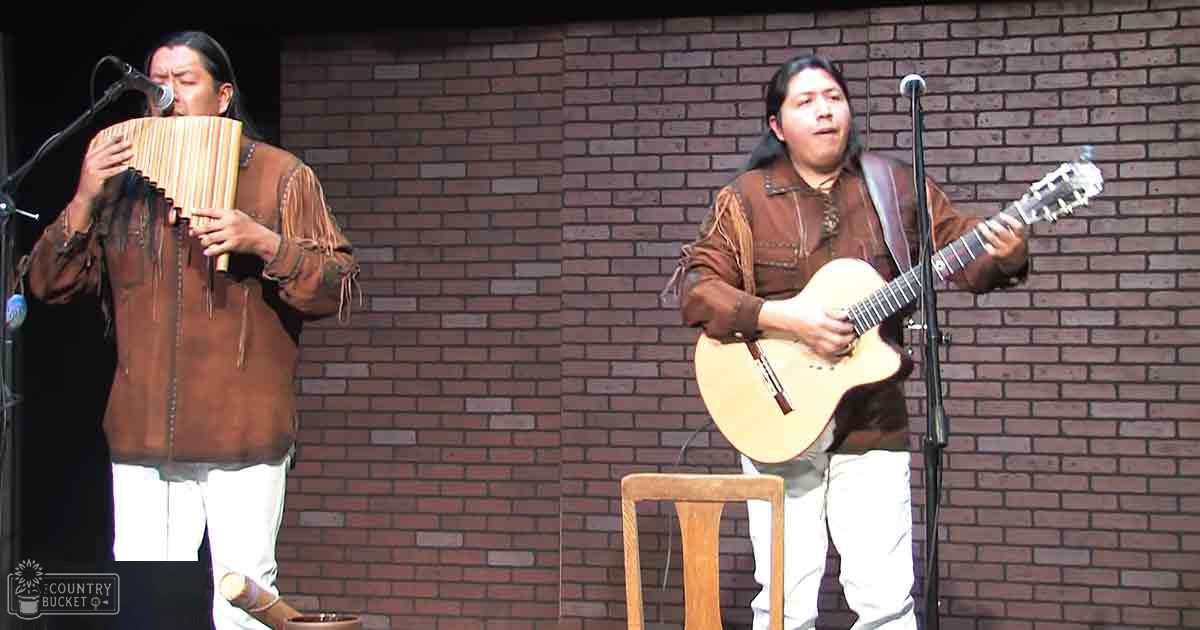 A musical performance by two adult male musicians in an indoor setting with brick walls, wooden furniture, and even lighting.