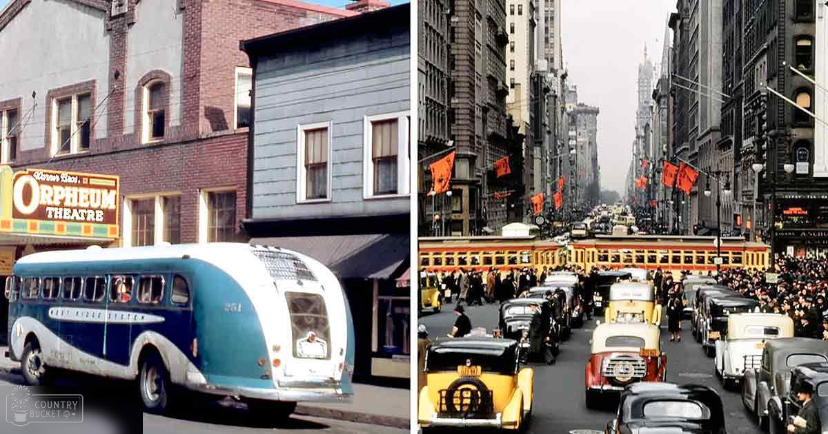 Vintage bus labeled '251' in front of Orpheum Theatre on a bustling city street with cars and pedestrians from the early to mid-20th century, under natural daylight.