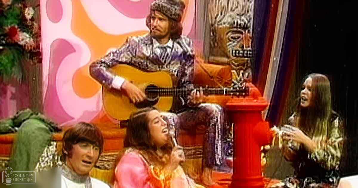 A musical performance with young adult performers in a retro studio setting, with vibrant abstract art and an ornate mask.