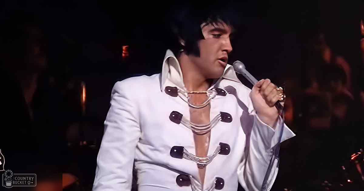 Adult male performer wearing a white tailored suit with large black buttons, holding a microphone during what appears to be a concert setting at night.