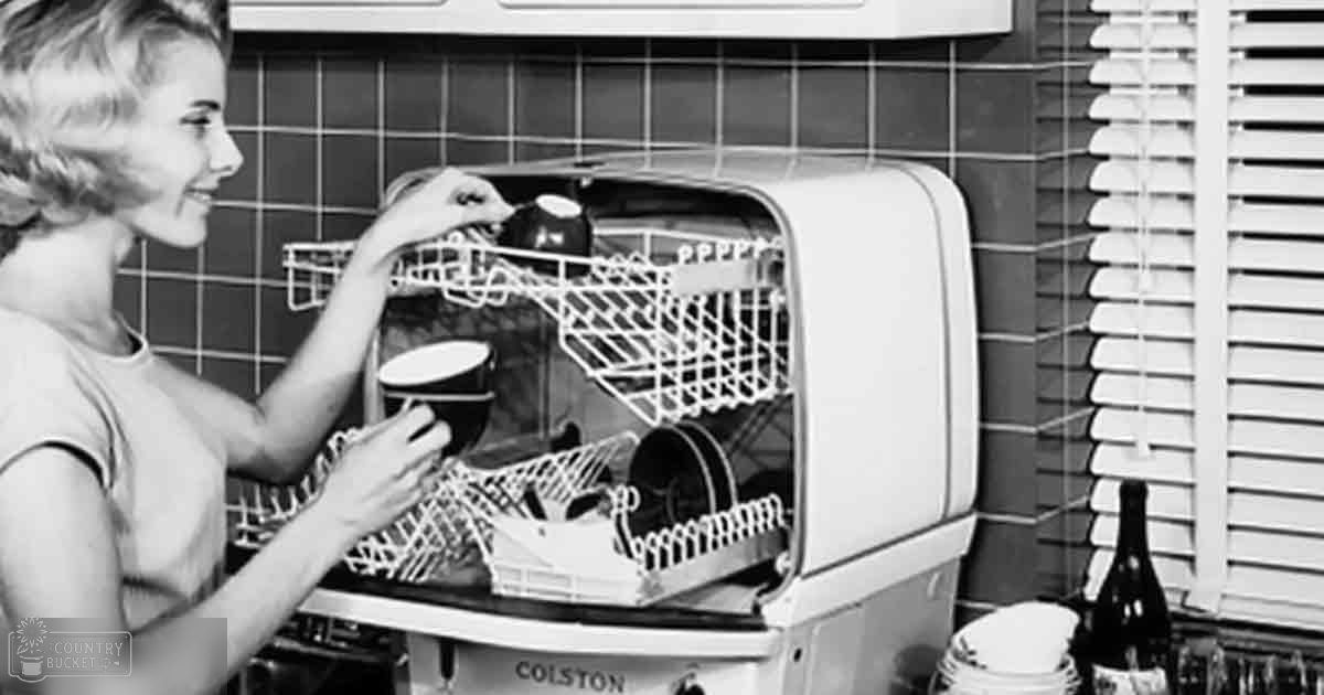 Adult female wearing a sleeveless top or dress with a scoop neckline, interacting with a Colston dishwasher in a kitchen setting; small dog nearby.
