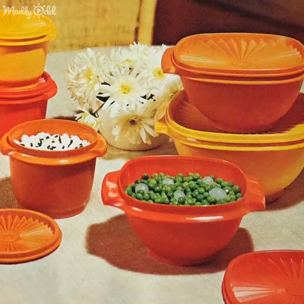 Vintage Tupperware containers with food items indoors