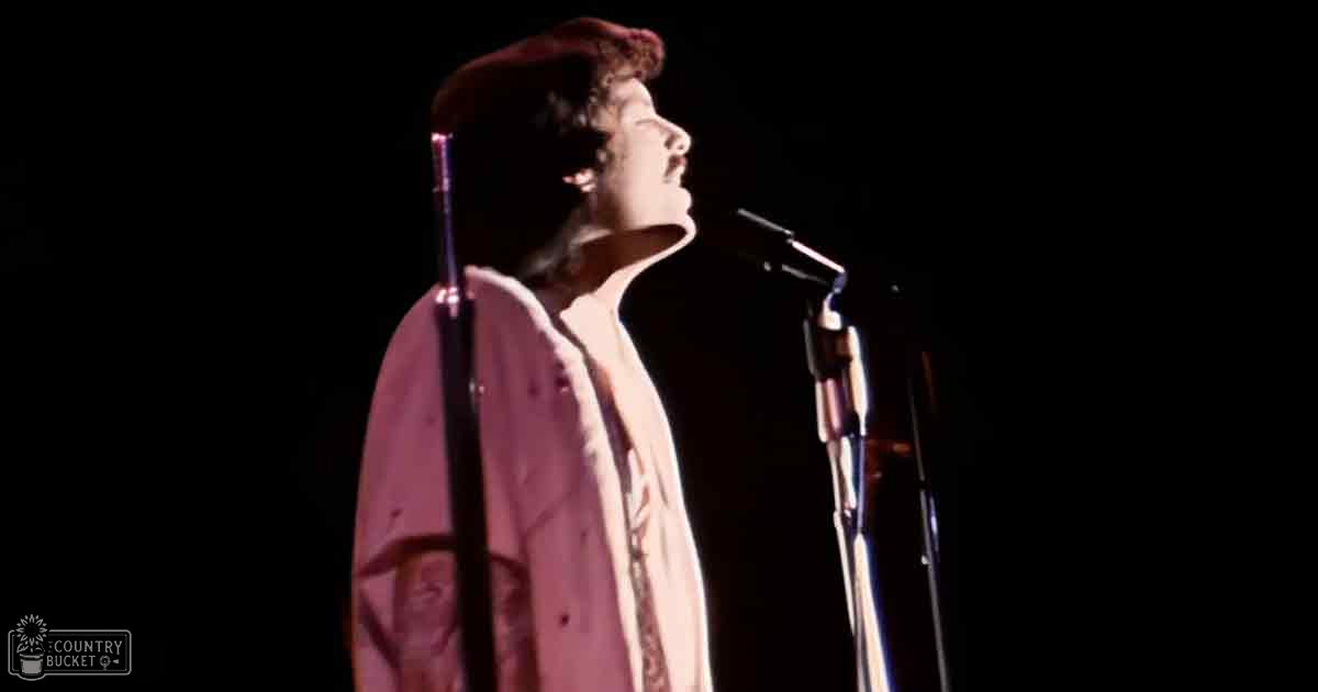 A performer on stage wearing a relaxed, collared, long-sleeved open shirt in a pinkish-red solid color, likely from the 1970s or early 1980s, with a vintage microphone stand and dimly lit background.