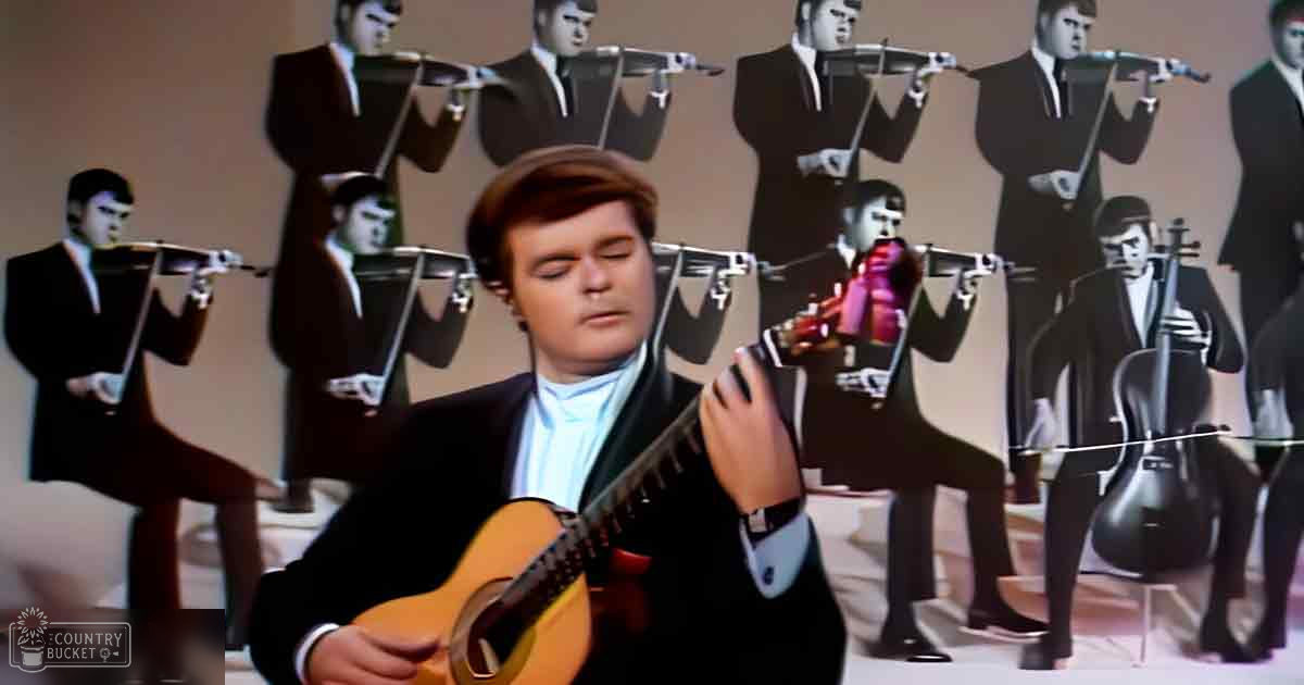 An adult male singer playing a dark-colored acoustic guitar in front of a backdrop with multiple images of musicians, set against a plain light-colored wall with repeated musician imagery.