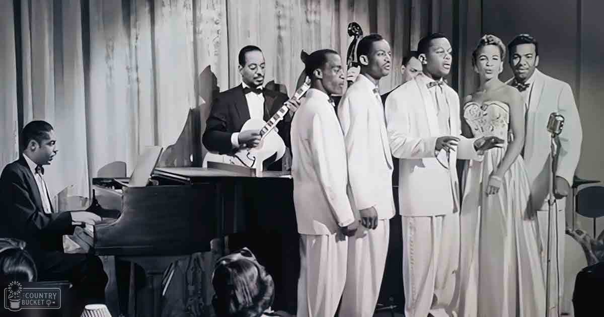 A mid-20th-century musical performance scene with a grand piano, microphones, and stage curtains in an indoor theater setting.