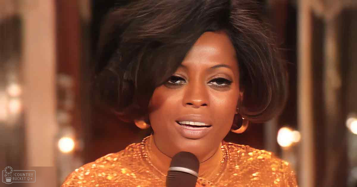 Adult female singing into a microphone wearing a golden-yellow sequined top or dress with form-fitting cut and short sleeves, set against warm indoor stage lights.
