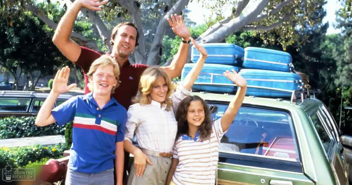 A suburban outdoor scene with a family waving, vintage station wagon, and trees in background at daytime.