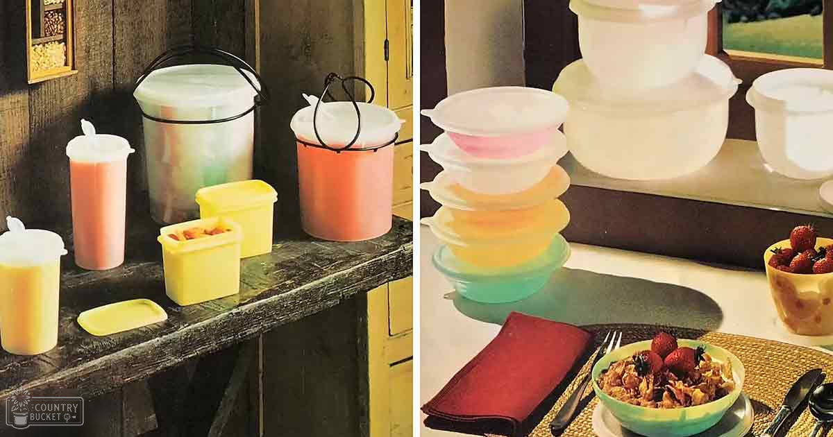 Vintage Tupperware containers displayed indoors on a wooden shelf with pastel colors like pink, yellow, and orange; outdoors on a windowsill with a bowl of cereal topped with strawberries.