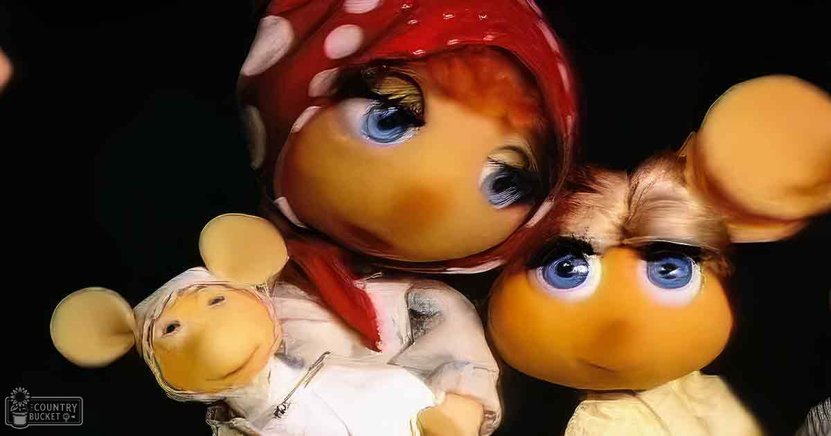 An indoor scene with anthropomorphic farm animals wearing clothing in a dark setting at night