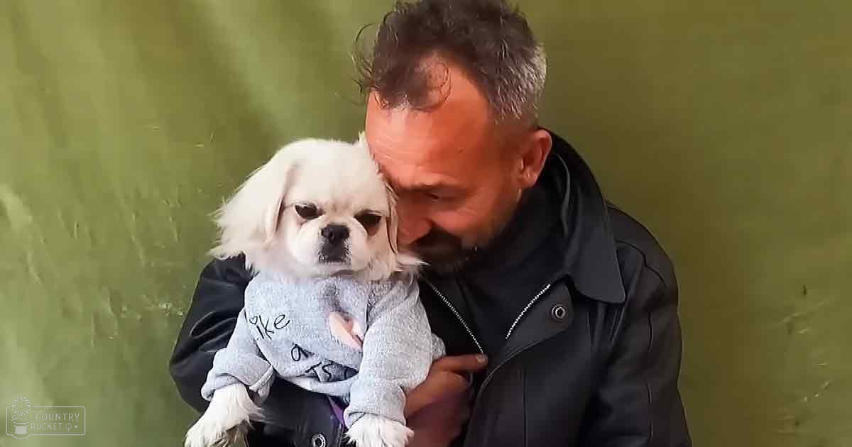 A middle-aged to older adult male wearing a black leather jacket holds a Pekingese puppy in an outdoor setting with green foliage, suggesting spring or summer.