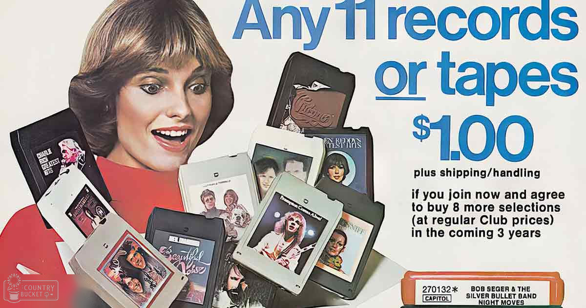 Promotional advertisement for 1970s/80s music records, with a smiling young woman in red dress against plain white background.