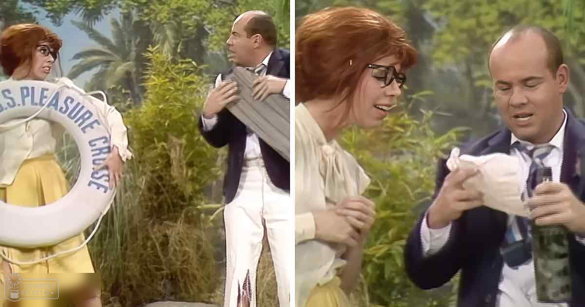 A comedic scene from a film or television show set in an outdoor jungle-like environment with two characters, one holding a life preserver and another holding champagne.