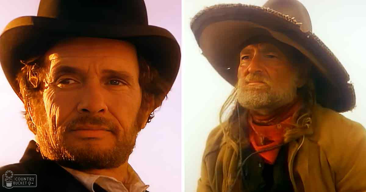 Two middle-aged men dressed in late 19th-century Western attire stand against a desert backdrop with clear skies and bright sunlight, suggesting it's daytime during summer or early fall.