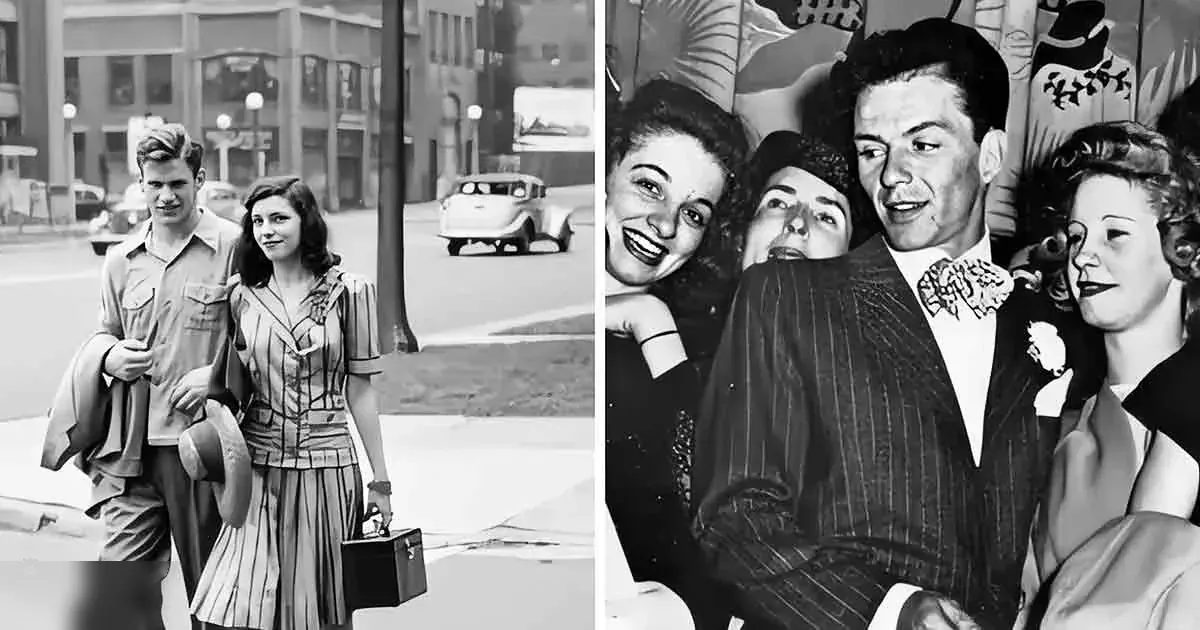 A young adult male in a button-up shirt with rolled-up sleeves and trousers carries a hat under one arm and a briefcase, while holding hands with another young adult female wearing a striped dress. They are on a city street, suggesting a casual outing or travel.