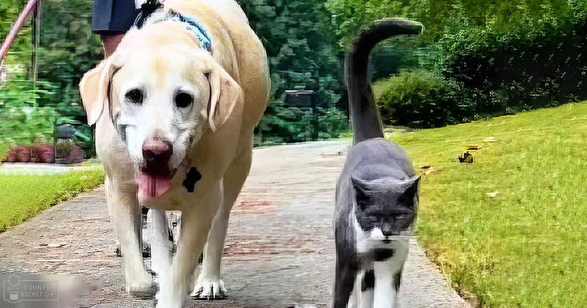 An adult Labrador Retriever with light brown fur and white markings walking alongside an adult tabby cat in a lush green park on a paved pathway during the daytime.