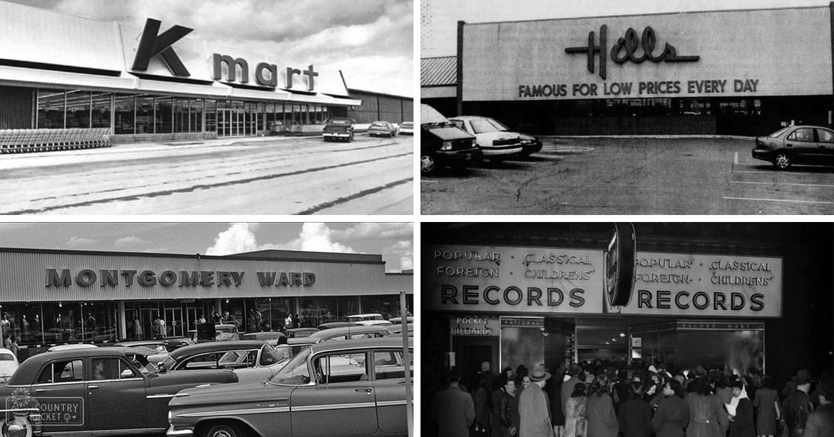 Mid-20th century retail stores with vintage cars in suburban shopping centers; adults wearing coats typical of era, one male adult in dark jacket and light pants, several older females in hats or scarves, muted tones dominate the scene