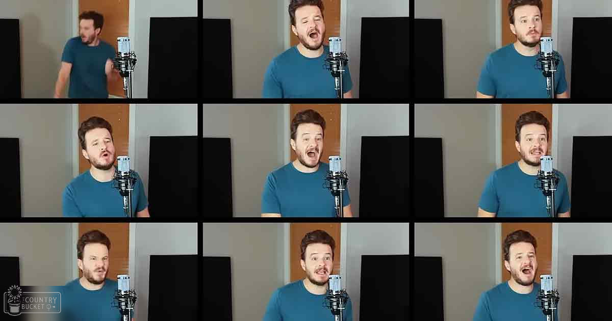 A young adult male in a recording studio setting, wearing teal t-shirts with short sleeves and crew neckline.