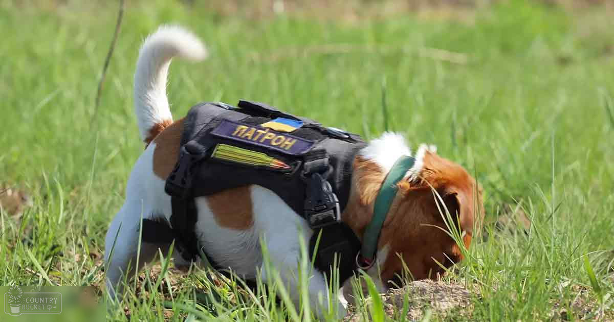 A Beagle mix dog with brown and white fur stands outdoors on a sunny day in green grass.