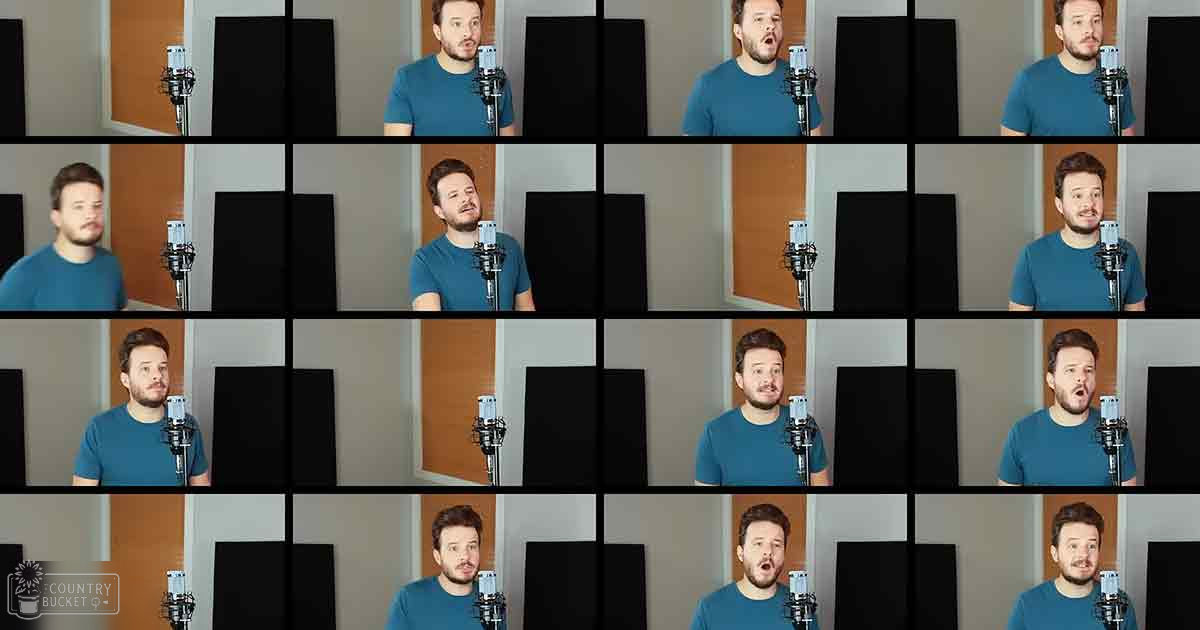 A young adult male in an indoor recording studio wearing a teal t-shirt.