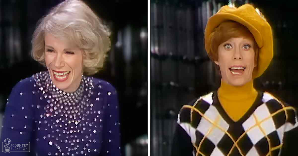 Middle-aged female wearing a dark blue dress with diamond-like embellishments, alongside another middle-aged female in a black and white checkered sweater with gold accents and a mustard yellow beret.