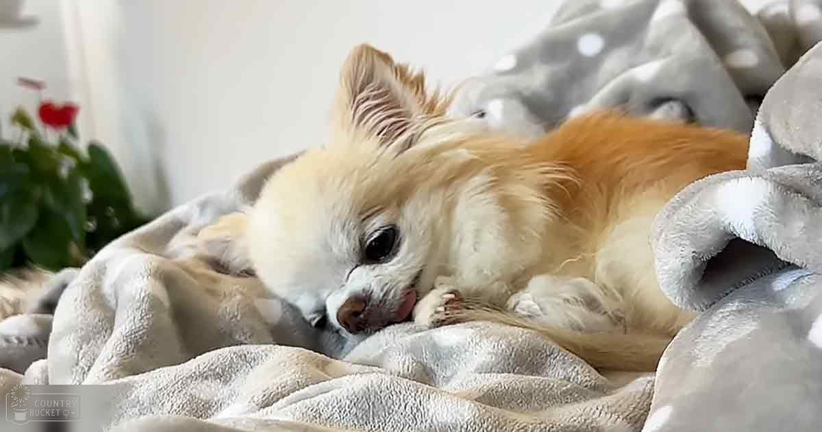 A small Chihuahua with light brown and white fur sits indoors near a gray polka-dotted blanket under natural daylight, suggesting an indoor setting during mild weather.