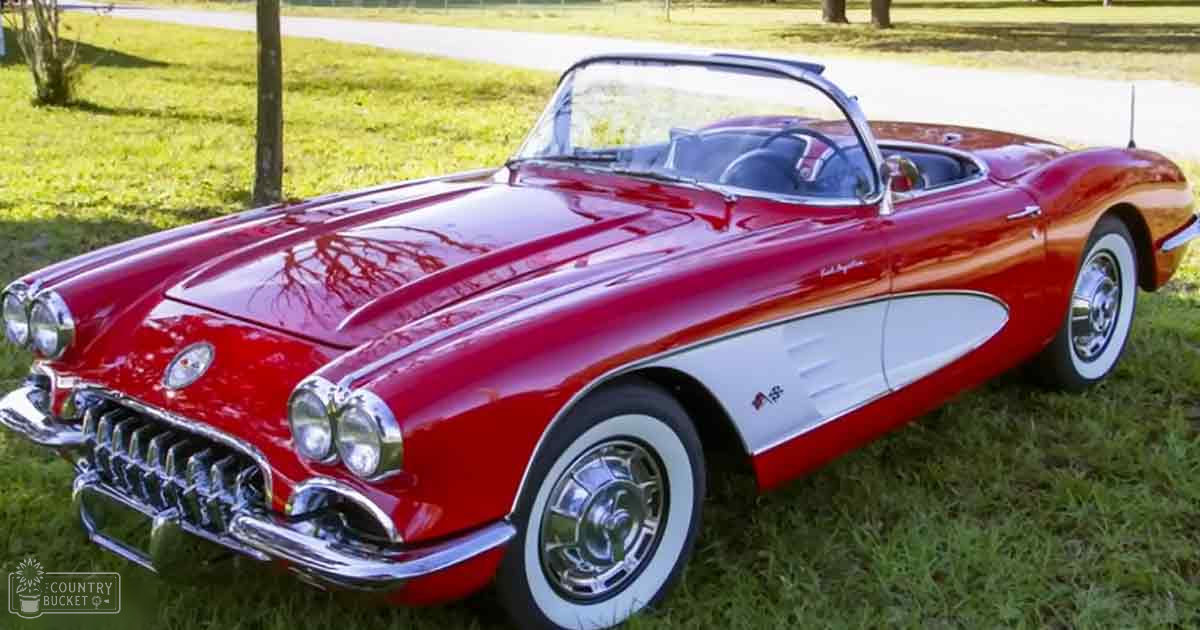 A vintage red convertible with white accents, chrome detailing, whitewall tires parked in a park-like setting with green grass, trees, and paved pathways.