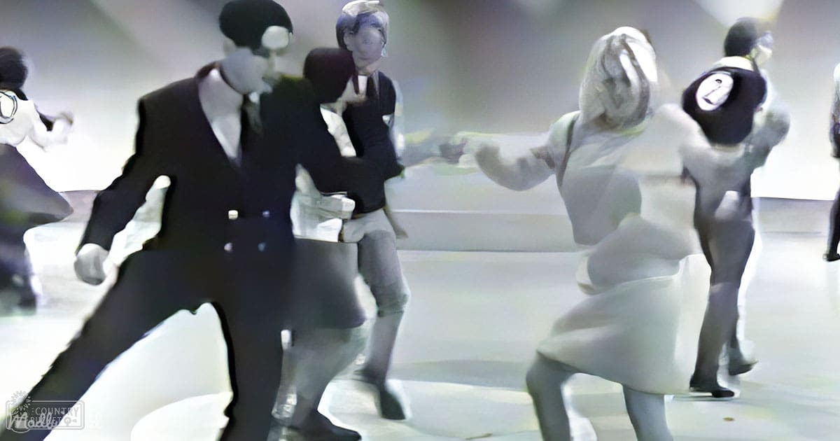 A group of stylized mannequins in a plain indoor setting with no animals present.