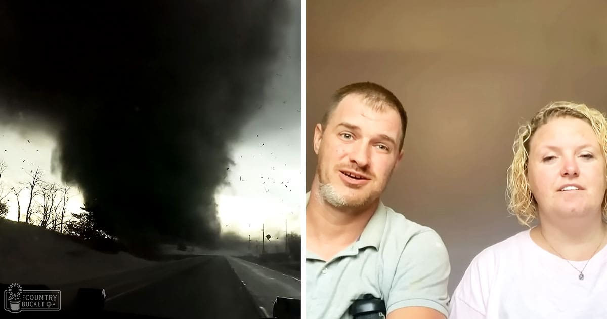 A tornado in an open area with trees visible; two adults are indoors: one wearing a light green polo shirt and another in a white t-shirt, both with modern clothing styles.