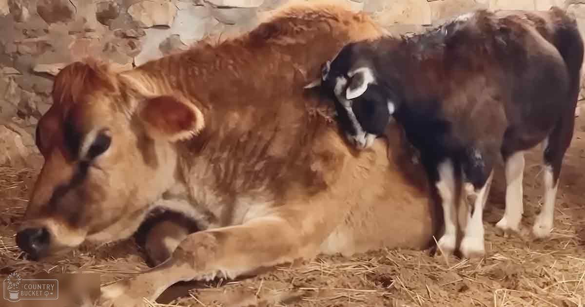 Two juvenile calves with light and dark brown markings lying down in a barn setting during late afternoon with warm lighting.