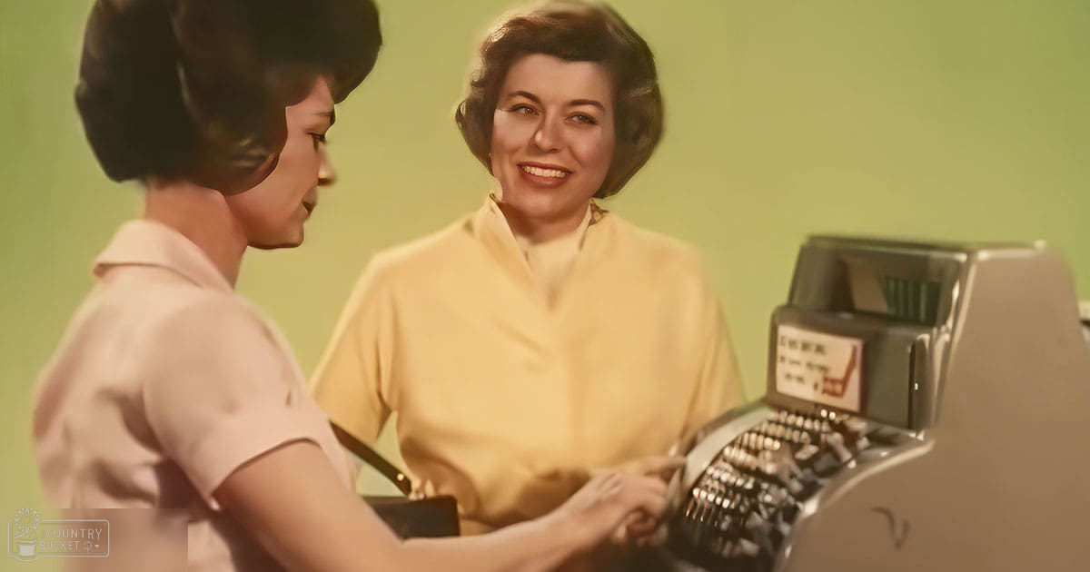 A mid-20th-century office scene with two women in professional attire, with a vintage cash register prominently displayed on the right side.