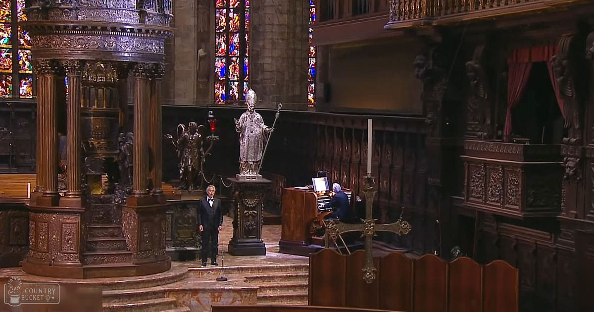 A man in a dark suit stands near an altar inside a grand cathedral, with organ pipes to the right.