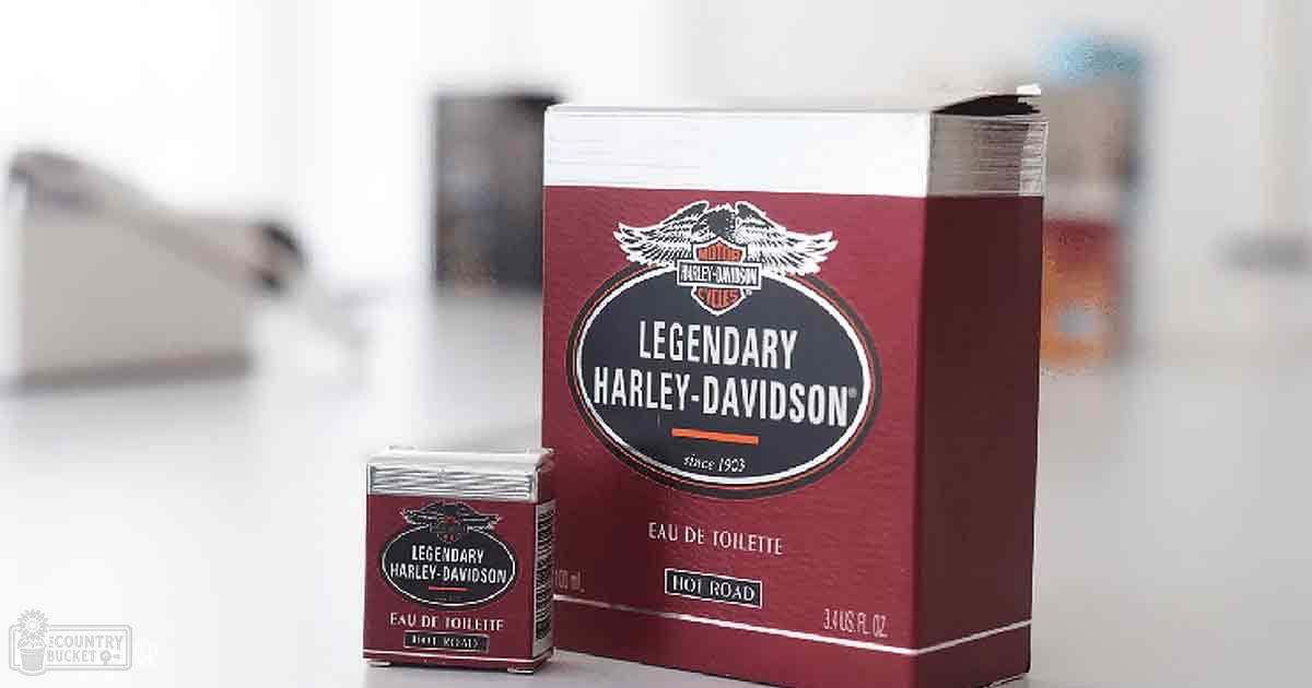 Two boxes of 'Legendary Harley-Davidson' Eau de Toilette, with prominent logos and text in a retail setting with bright lighting.