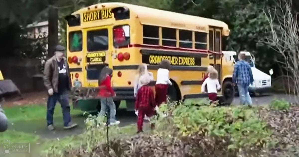 Children boarding a school bus labeled 'Grandfather Express' on an overcast day in a residential area with greenery and bare trees, suggesting late fall or early spring.