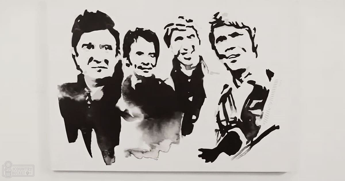 A stylized black-and-white portrait of four young adult men in semi-formal attire, possibly from the 1980s or early 2000s, set against a plain white background.