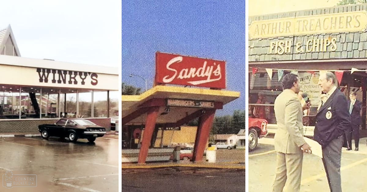 Urban storefronts at Winky's, Sandy's, and Arthur Treacher’s Fish & Chips in a classic American diner setting with modern and vintage architecture.