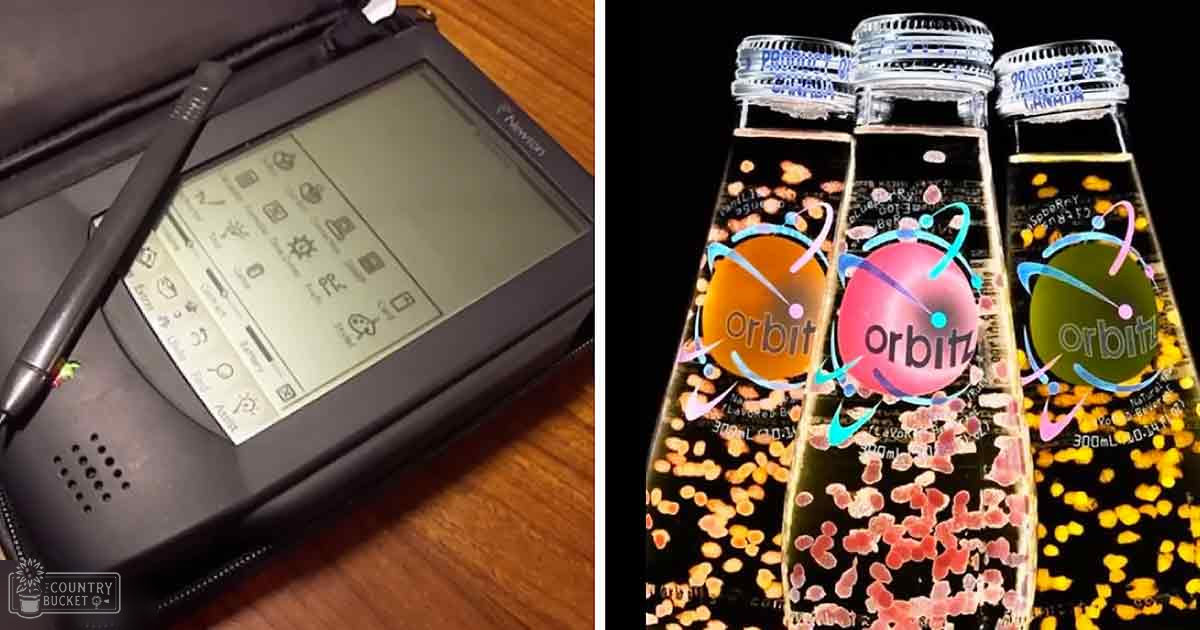 A vintage electronic device with a stylus pen and Orbitz-branded beverages in colorful bottles on display, suggesting a promotional or product showcase setting.